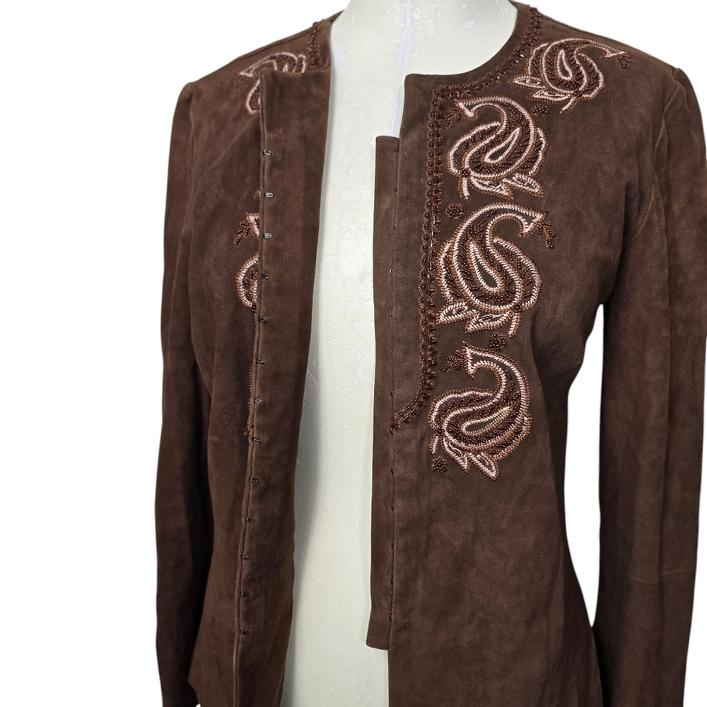 The Wrights Beaded Leather Brown Crewneck Jackey 6 - Picture 2 of 8